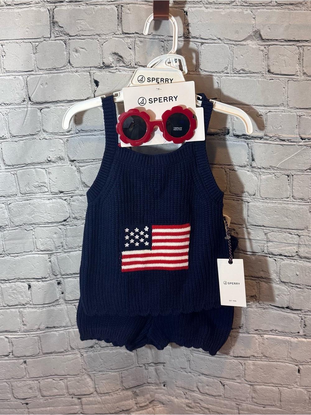 Sperry Baby Girl 2 Piece American Flag Sweater Knit Outfit with Sunglasses